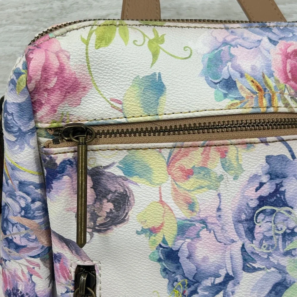 Elliott Lucca Floral Print Backpack White Pink Purple Faux Leather Mini Bag